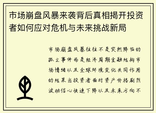 市场崩盘风暴来袭背后真相揭开投资者如何应对危机与未来挑战新局 市场崩盘风暴来袭背后真相揭开投资者如何应对危机与未来挑战新局